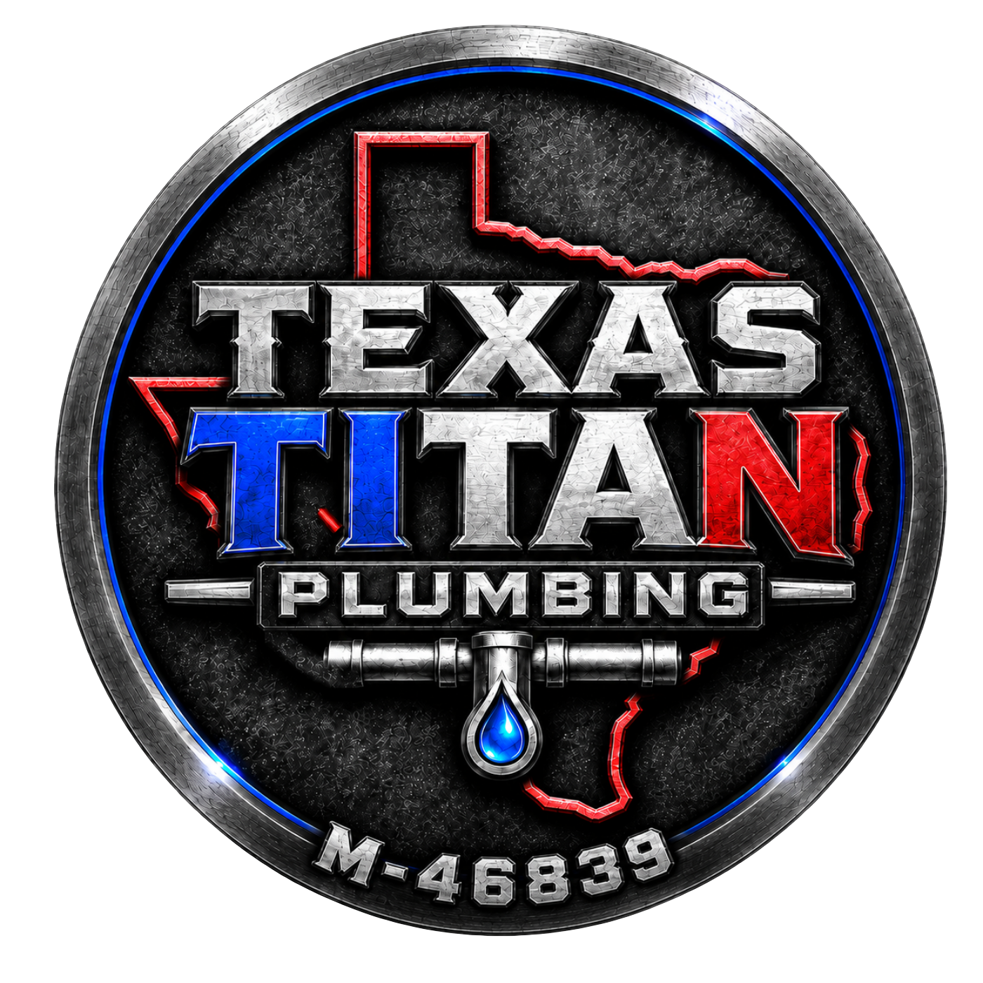 Texas Titan Plumbing metallic circular logo, license M-46839