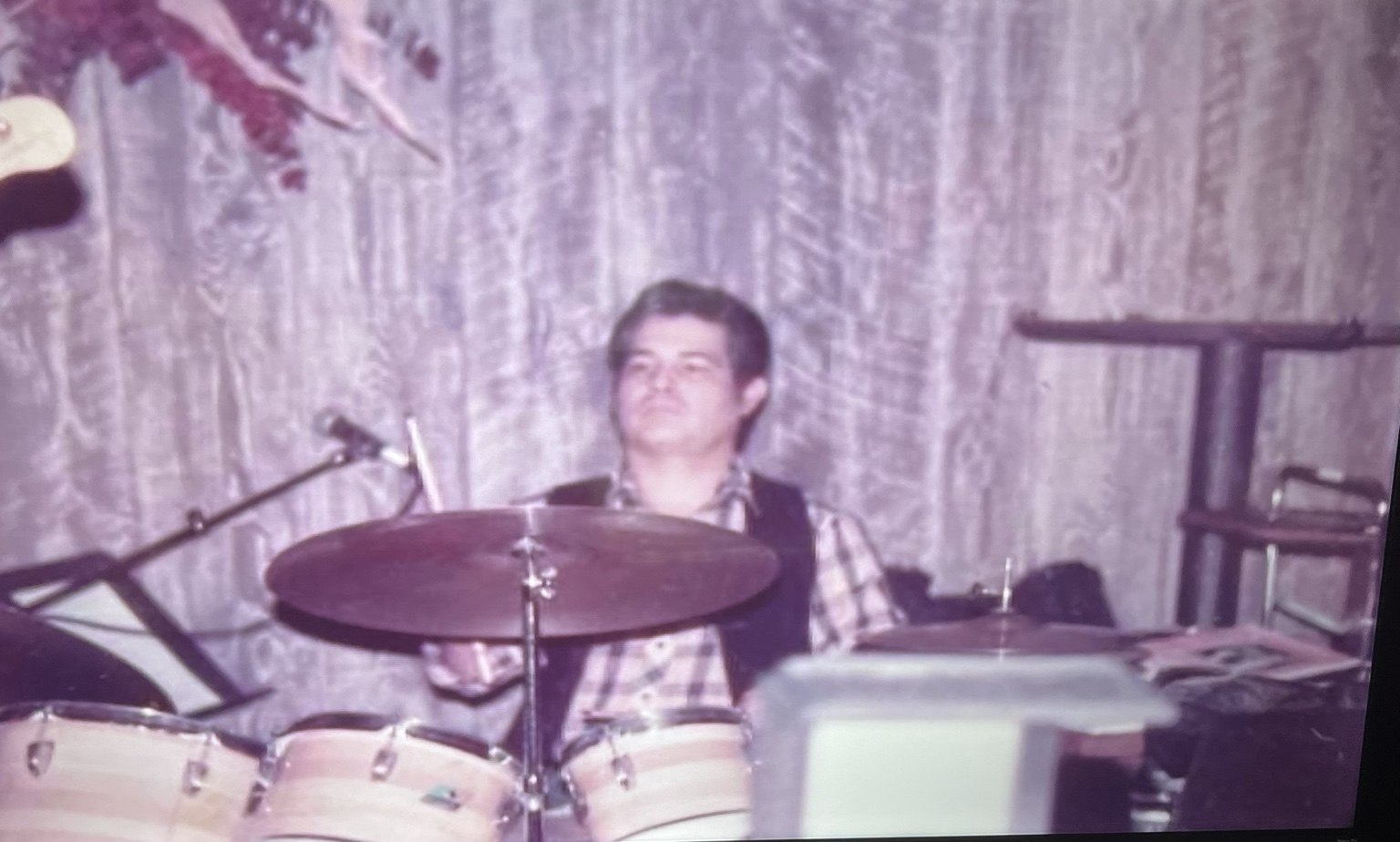 Archival photograph of Joe Azcona Jr. playing drums